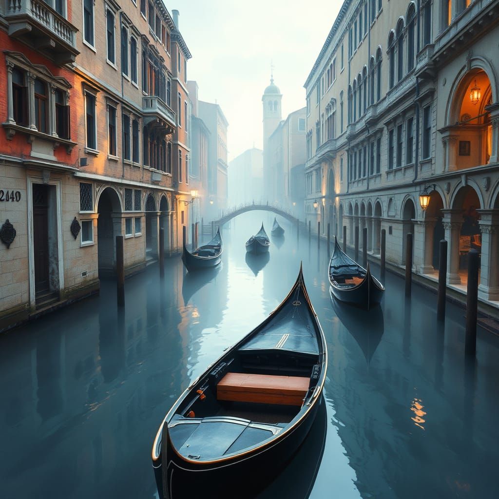 Surreal Watercolour Gondolas Dance in Dawn's Misty Light