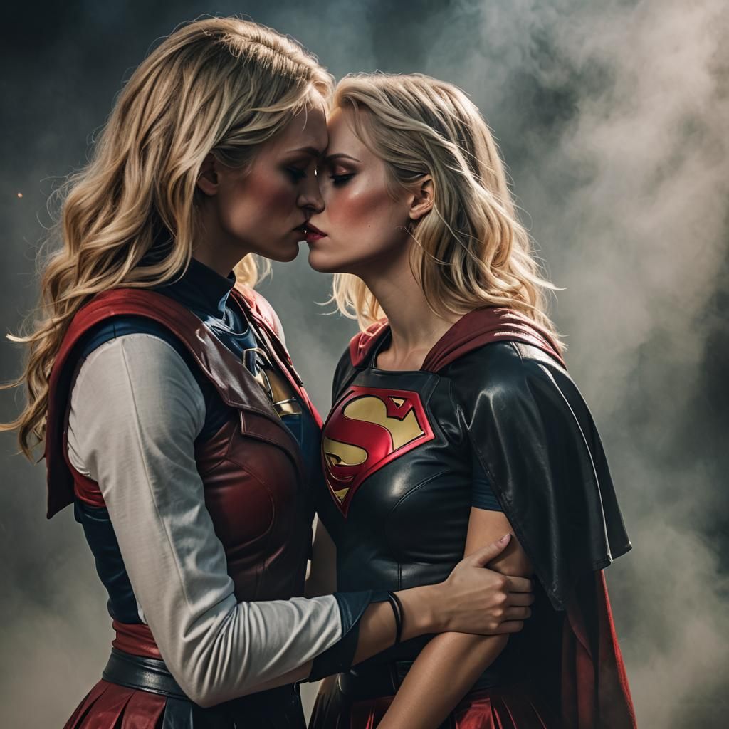 Supergirl Kissing Evil Woman: Hyper-Realistic Cinematic Phot...