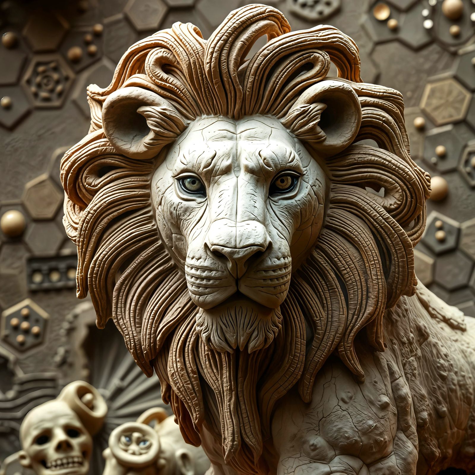 Surreal Clay Lion in a Cosmic Landscape
