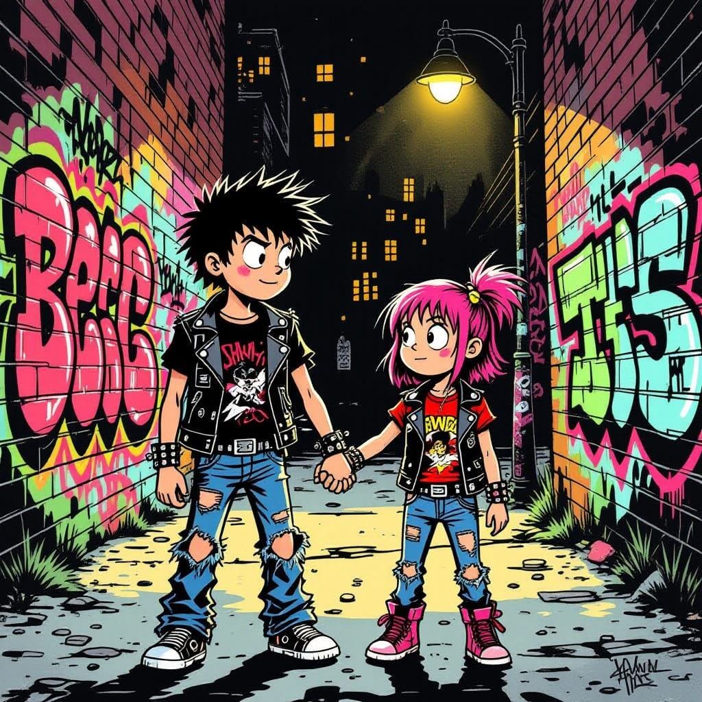 Punk Siblings Holding Hands in 70s Urban Alleyway