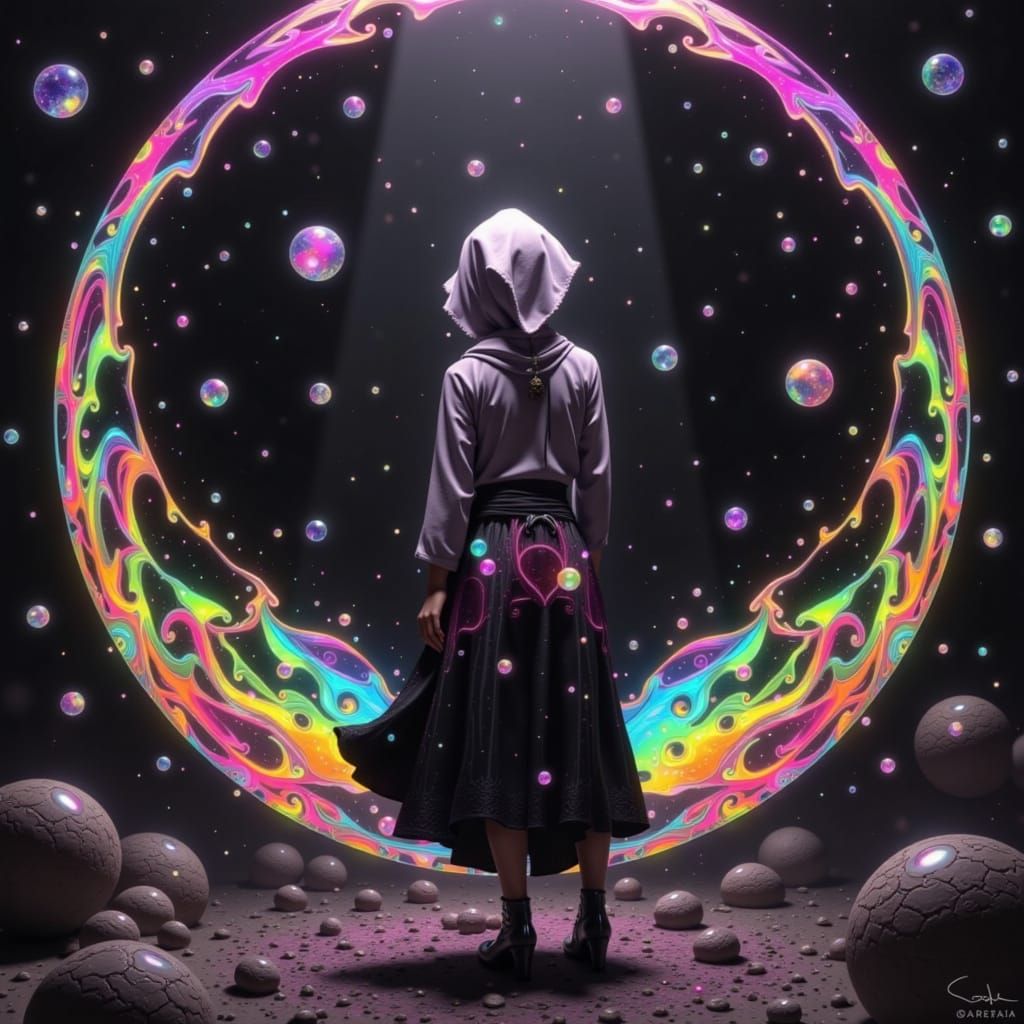 Woman in Kaleidoscopic Prism Landscape, Dreamy Art