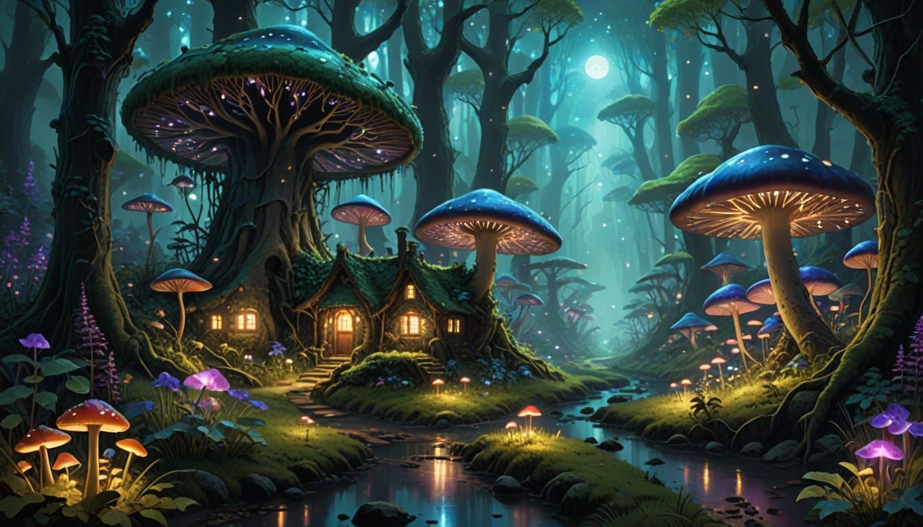 Bioluminescent Mushroom Village in Ginkgo Forest