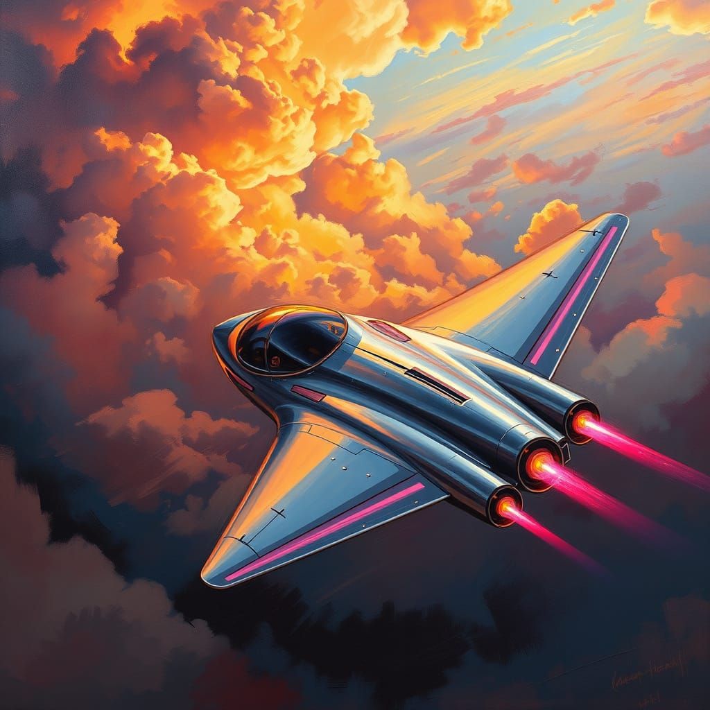Sleek Futuristic Aircraft soars in a Vibrant, Atmospheric Sk...