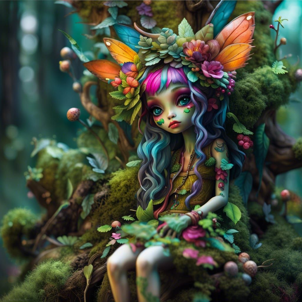 Mythical Woodland Fae Doll in Graffiti Art Style
