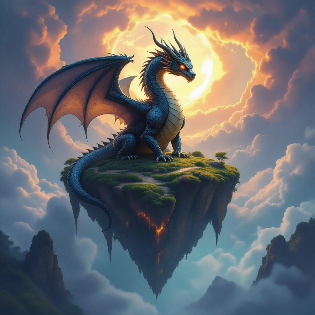 Obsidian Dragon on Floating Island in Amethyst Clouds