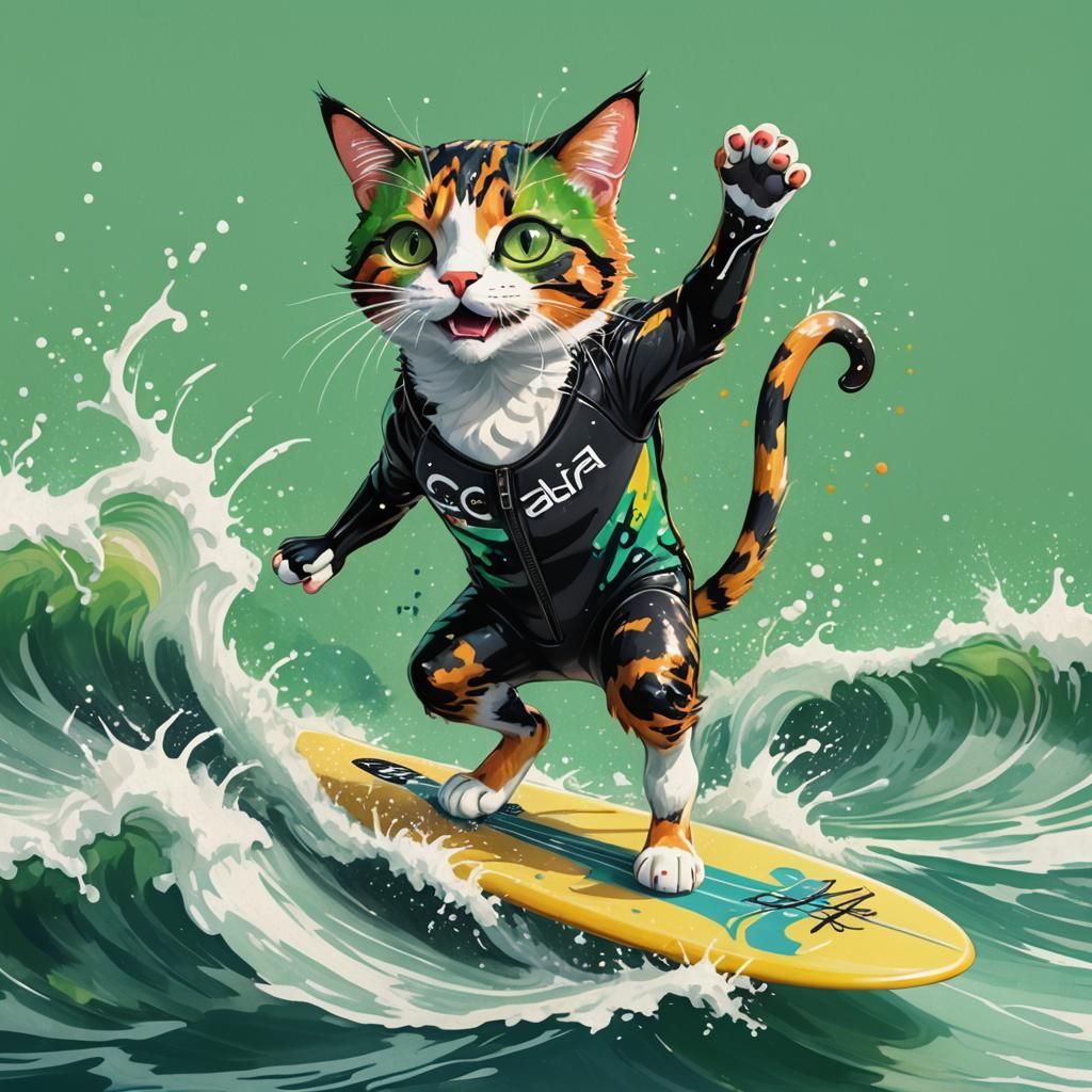 Calico Cat Surfing Waves in Graffiti Art Style