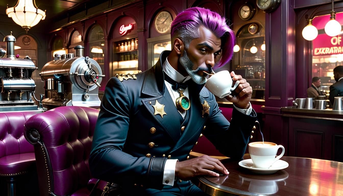 Captain Nemo Drinks Coffee in Steampunk Cafe