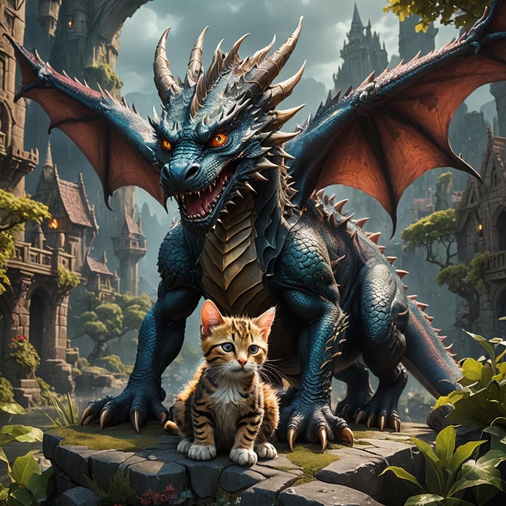 Dragon and Kitten in Detailed Matte Painting