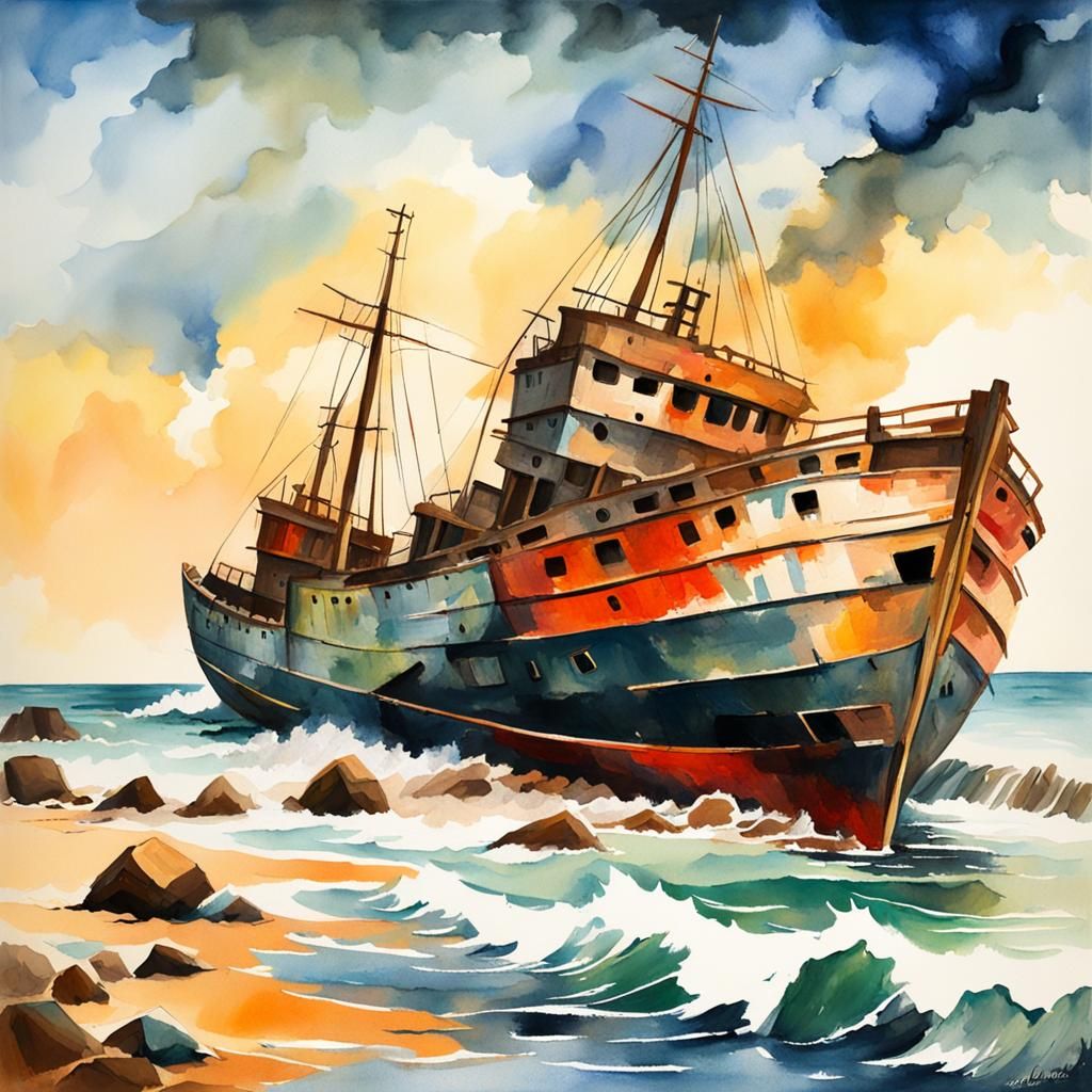 Shipwrecks in Impressionist Gouache Style