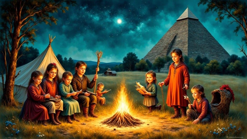 Fantasy Children Camping Near Pyramid, Moebius Style