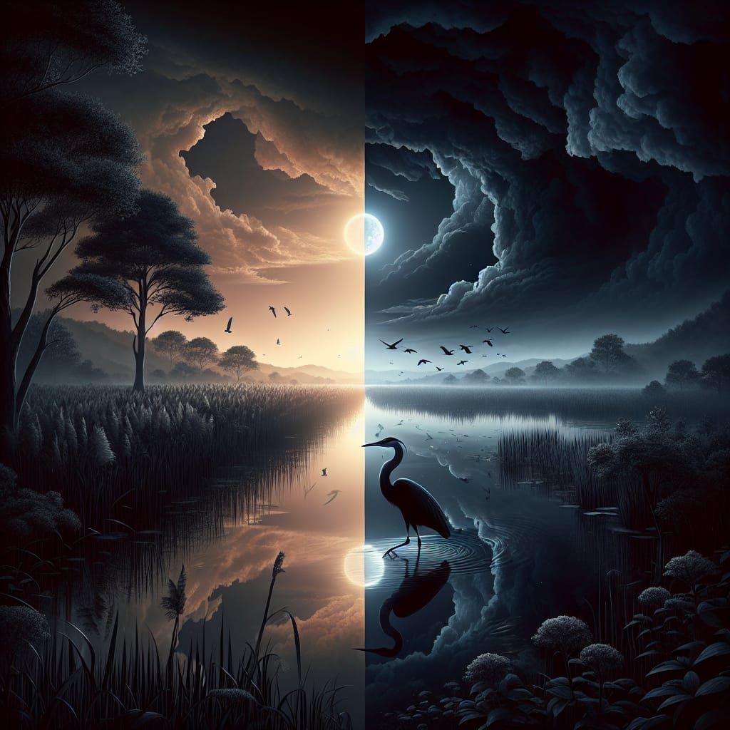 Heron Silhouette in Wetlands: A Chiaroscuro Vector Compositi...