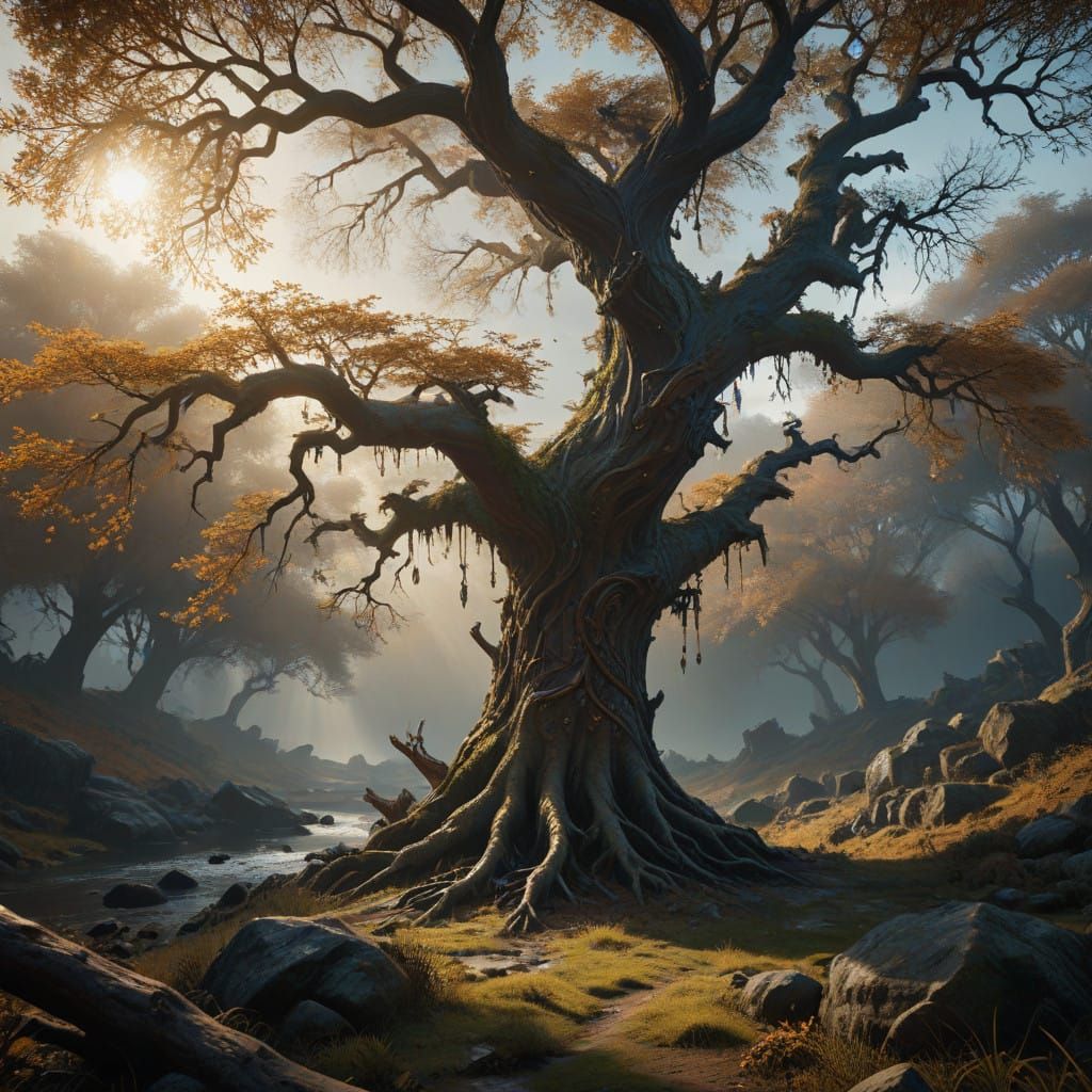 Ethereal Winter Landscape with Majestic Tree and Delicate Bi...