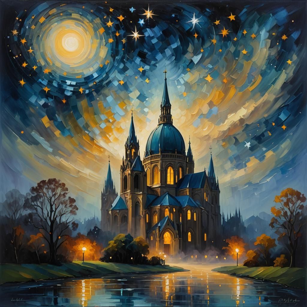 Majestic Cathedral Under Starry Night Sky as Impressionist P...