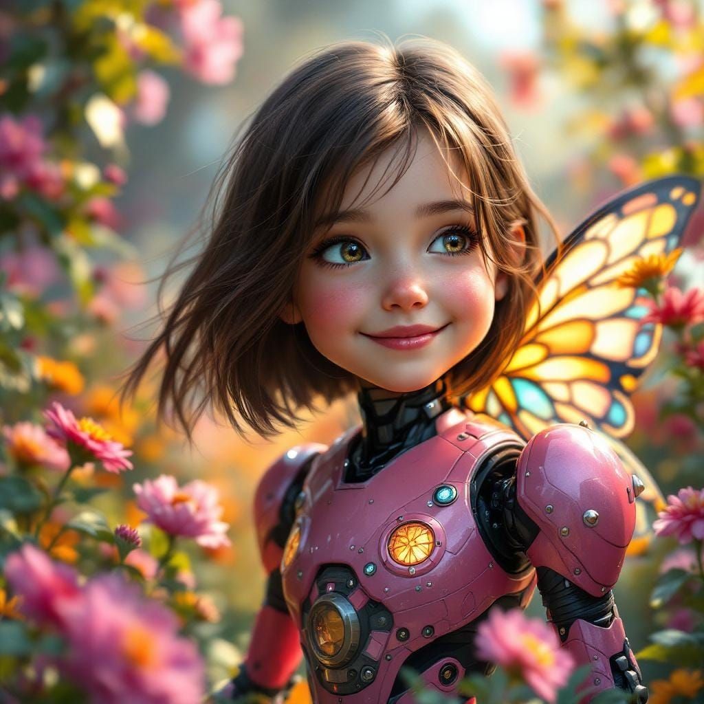 Robot Girl with Butterfly Wings in Matte Painting Style