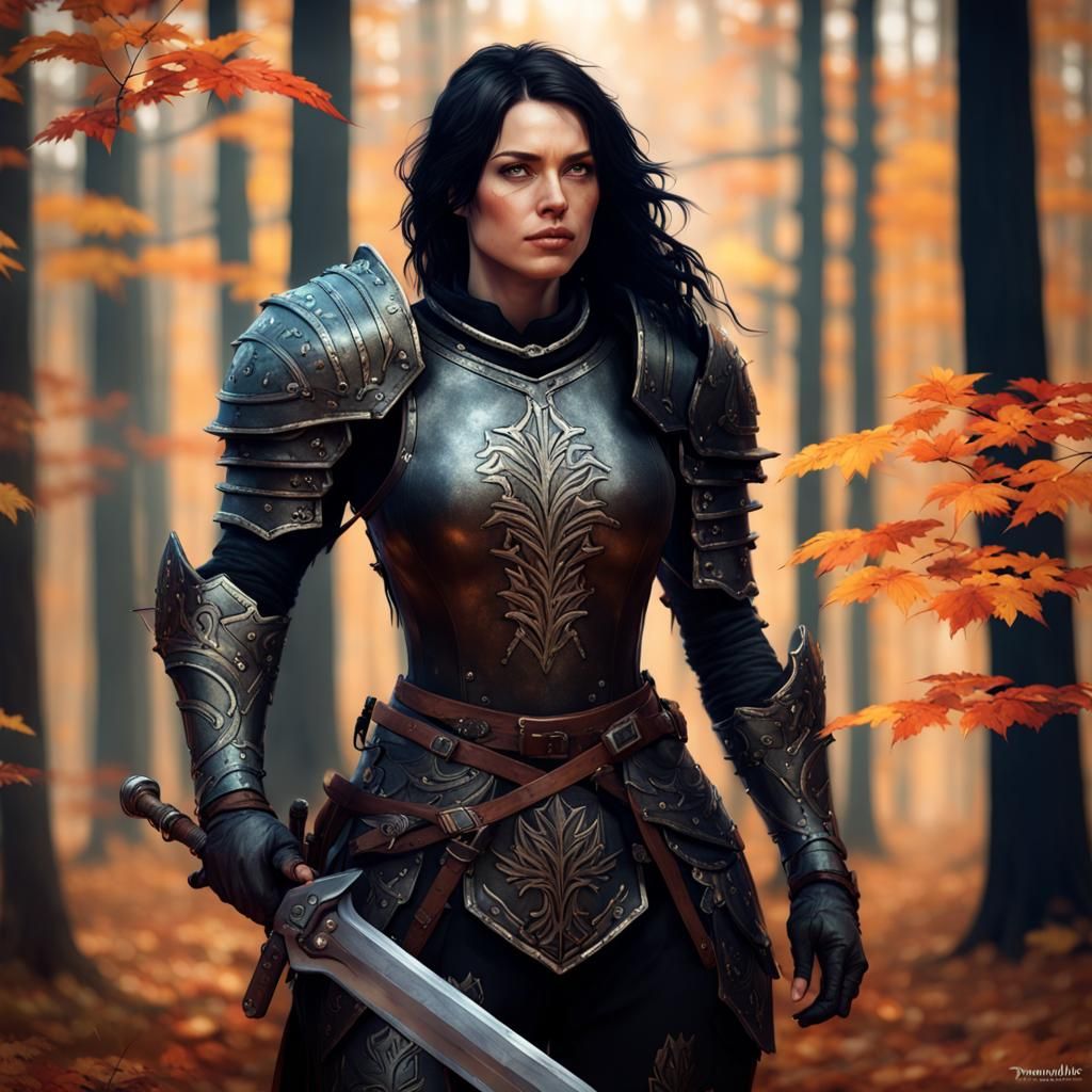 Exhausted Woman in Autumn Forest: Dark Fantasy Art