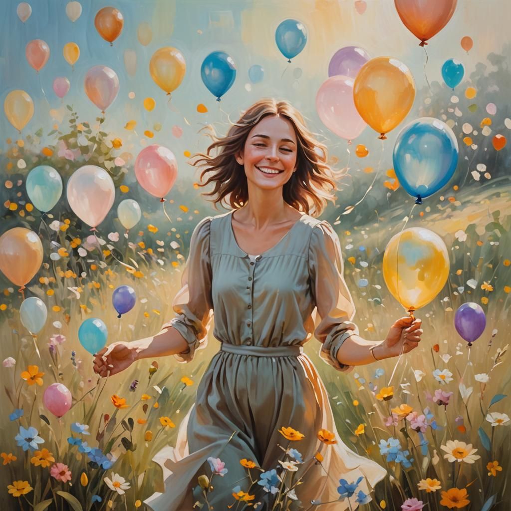 Woman Releasing Balloons in Flower Field Oil Painting