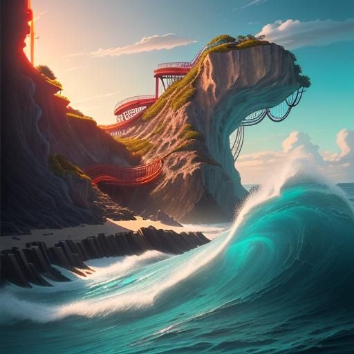 Surreal Landscape with Volcanoes and Roller Coasters