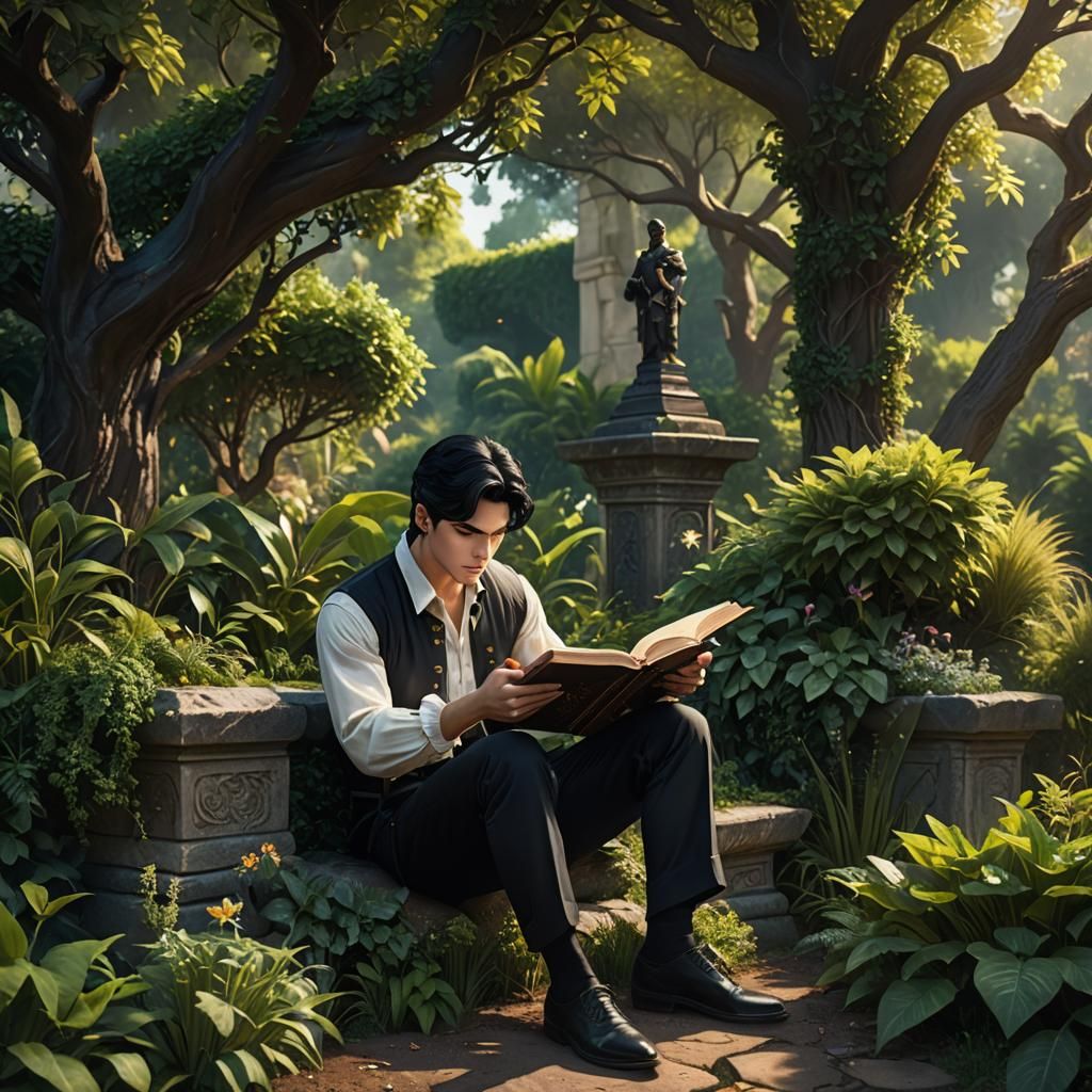 Prince Reads Ancient Book in Garden: Fantasy Concept Art