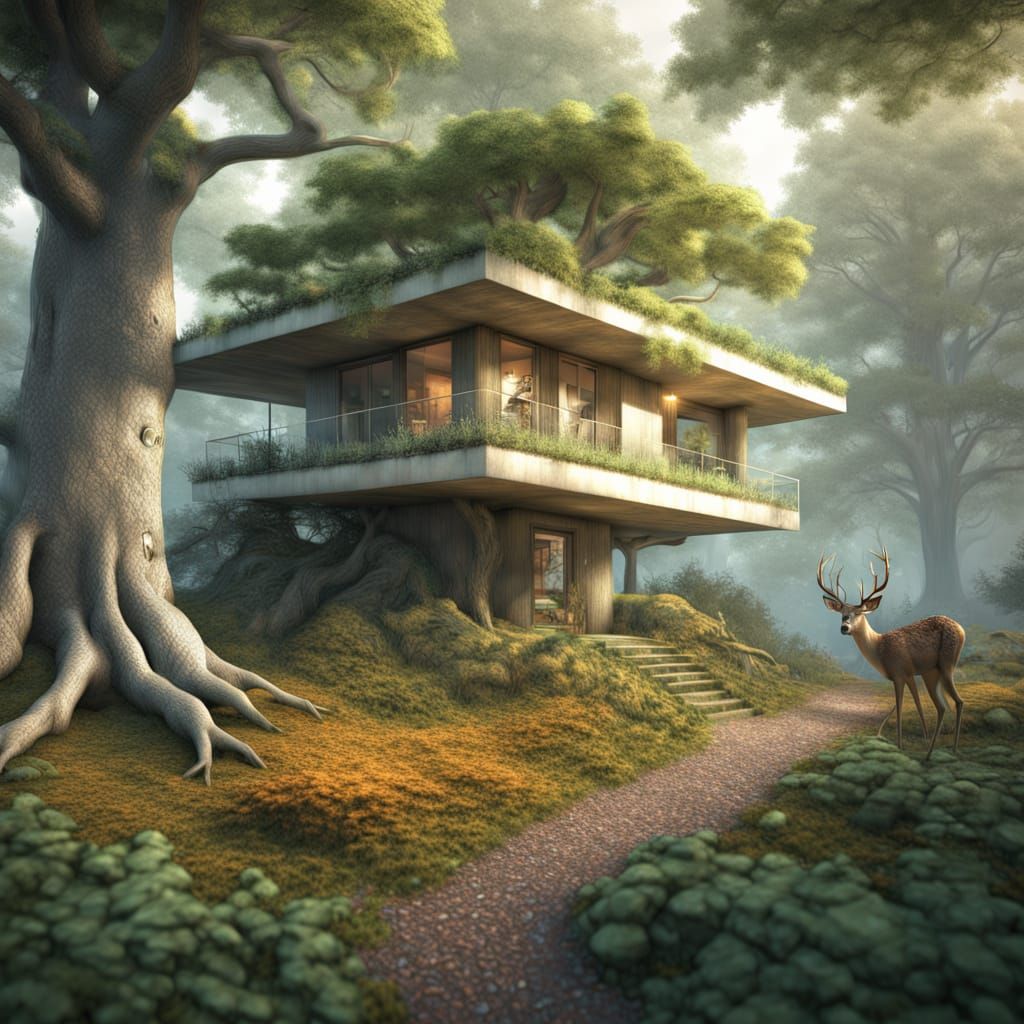 Cyberpunk Cottage in Forest: 3D Rendered Sci-Fi Scene