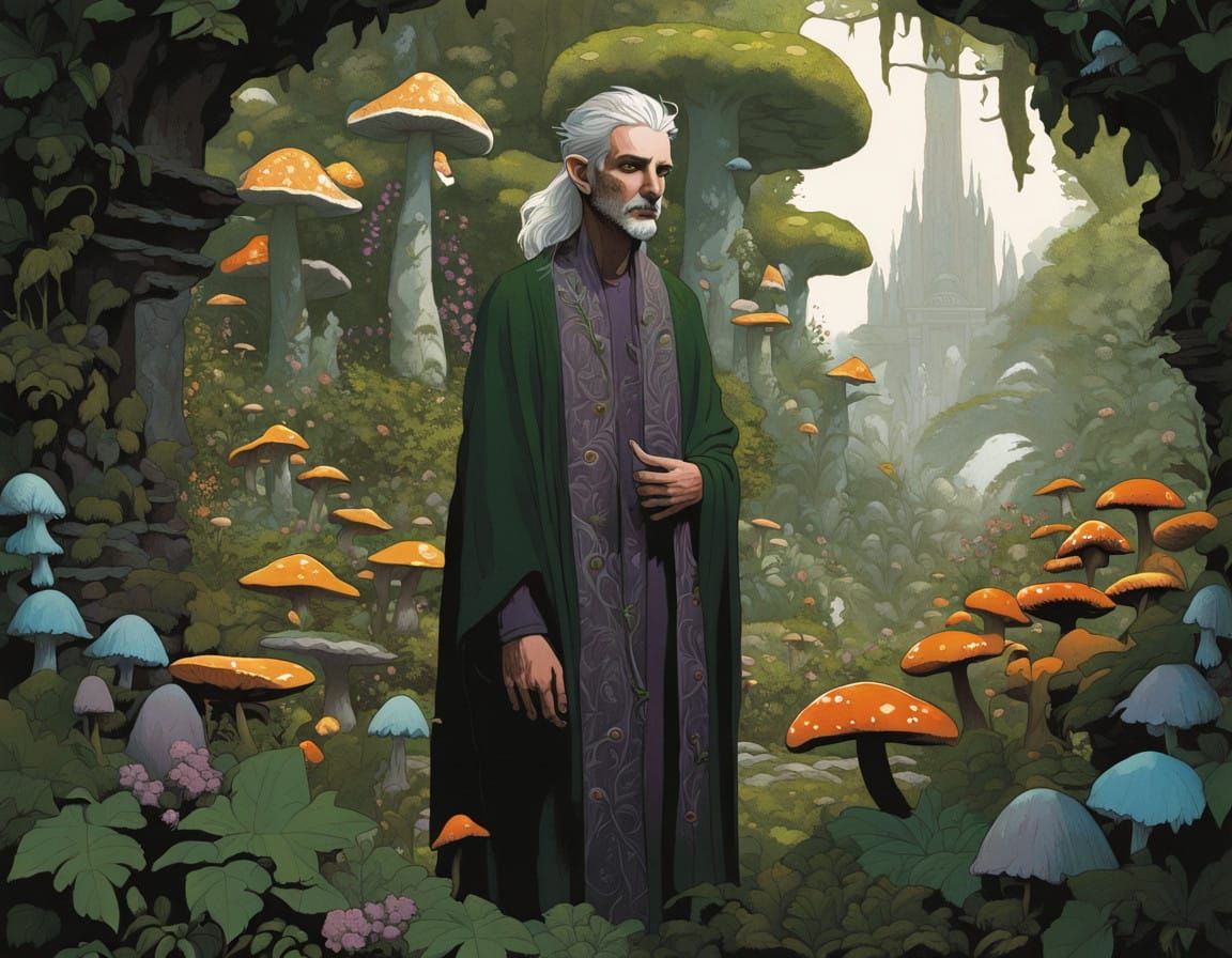 Mystical Elf Druid in Lush Garden Sanctuary