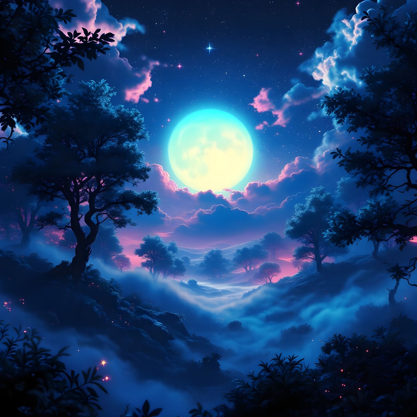 Glowing Trees Under Vibrant Starry Sky in Neon Lighting