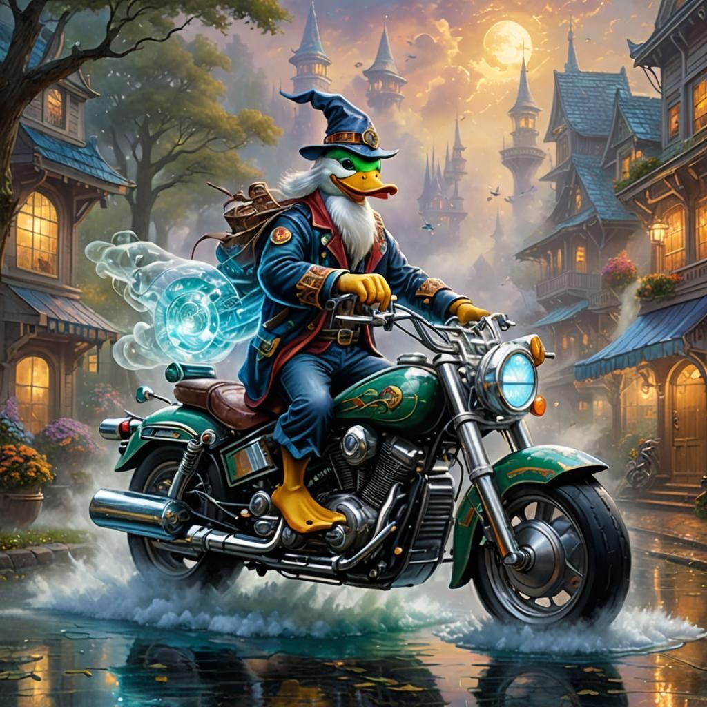Duck Wizard on Futuristic Motorcycle in Ethereal Style