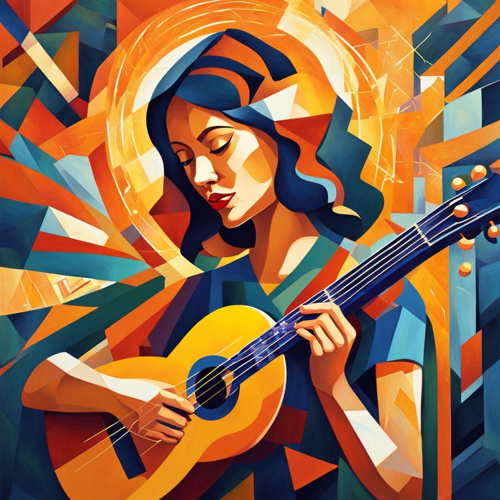 Cubist Painting of Woman with Sunburst Ukulele