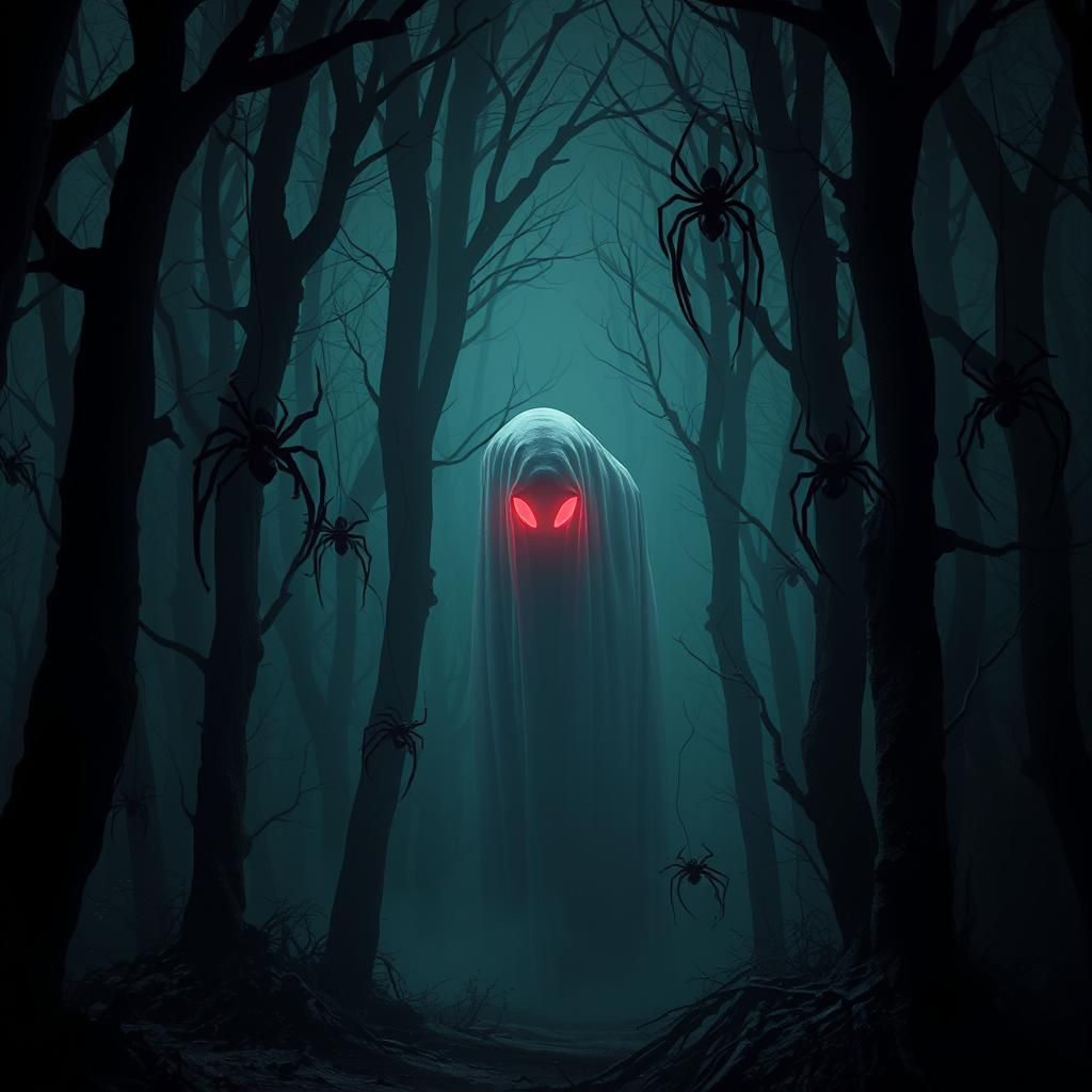 Eerie Forest with Ghostly Figure in Dark Fantasy Style