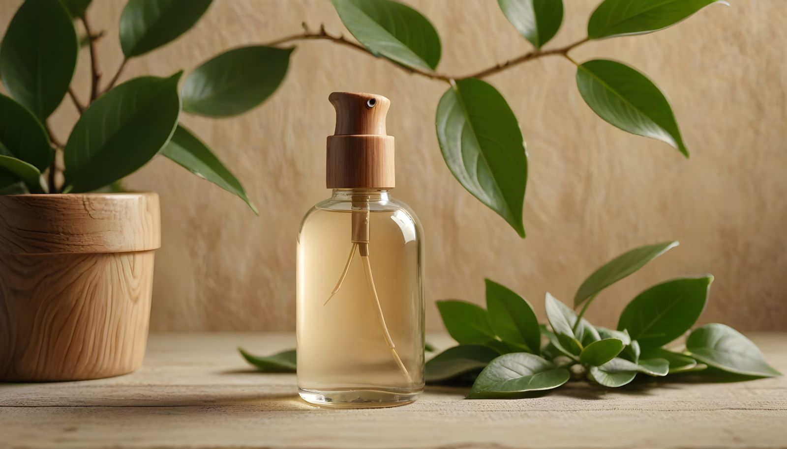 Elegant Beige Cosmetic Bottle with Plant
