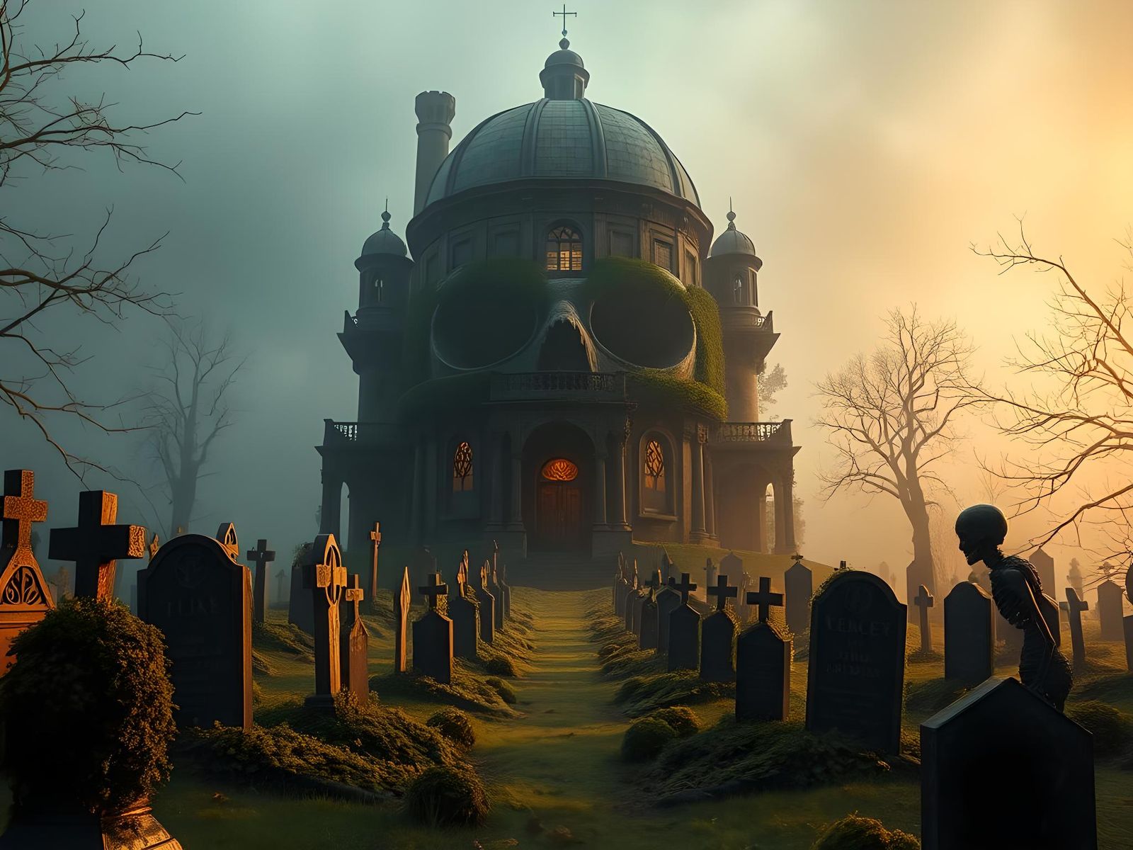 Spooky Skull House in Graveyard Mist