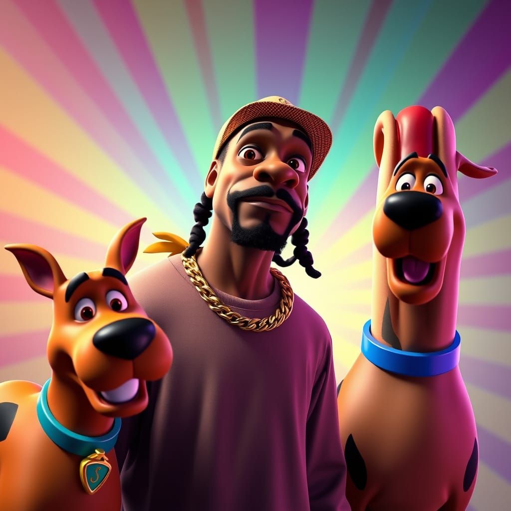 Snoop Dog, Scooby Doo, and Hot Dog in Pixar Style