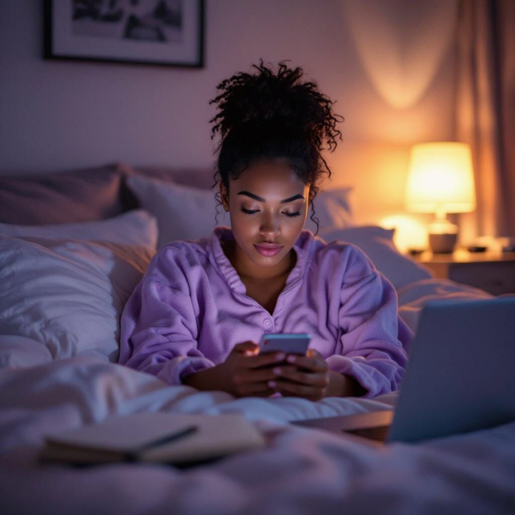 Tired Woman Scrolling Phone in Dim Bedroom at Night