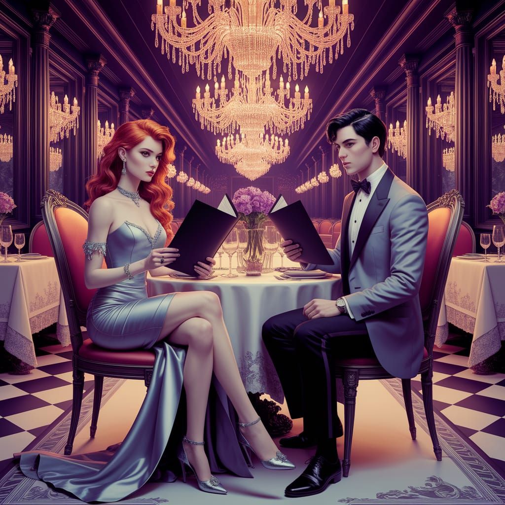 Elegant Dark Fantasy Restaurant Scene in Cyberpunk Style