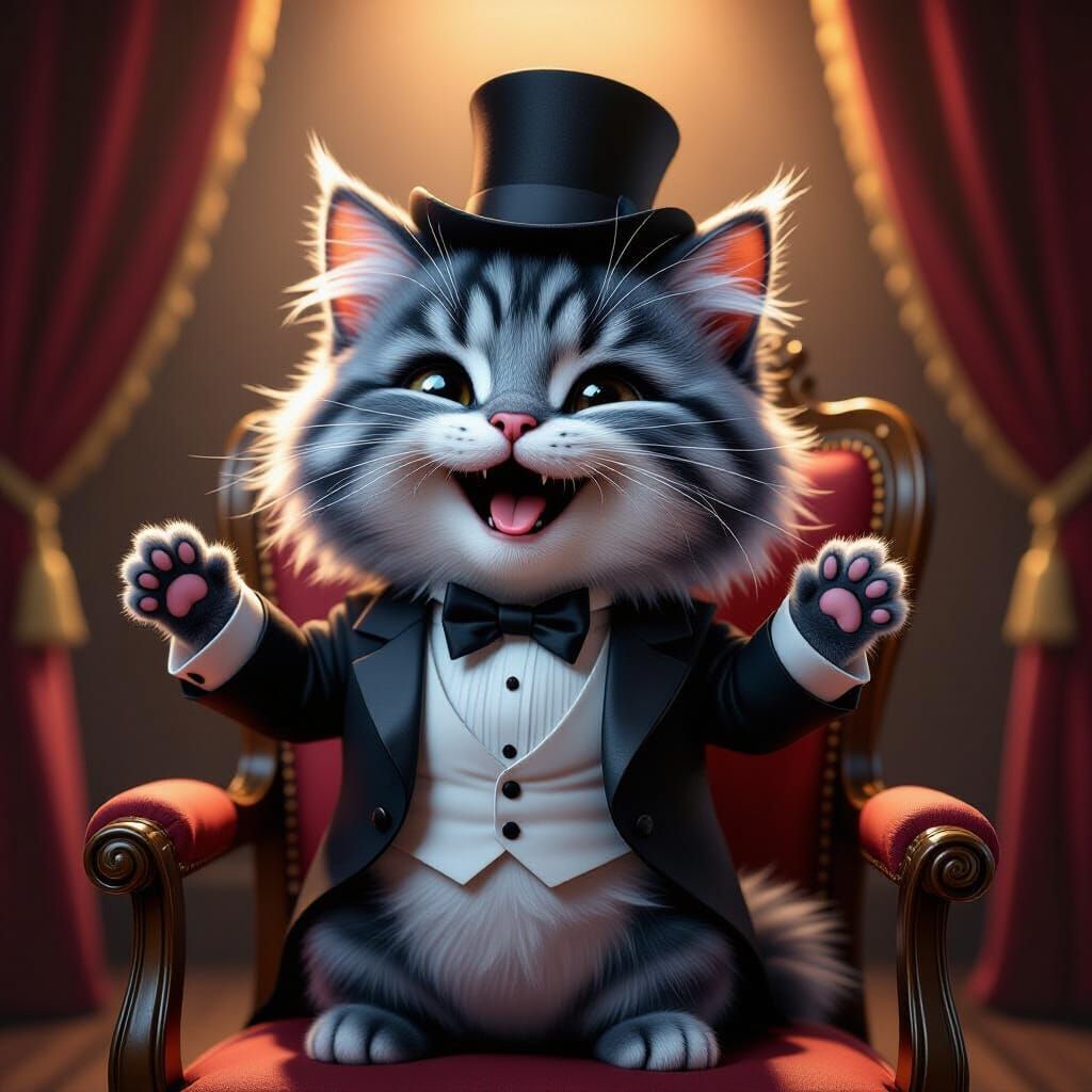 Adorable Chibi Cat Sings in Tuxedo at Cabaret