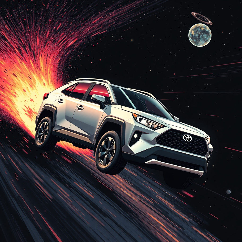 Toyota Rav4 Soaring Through Space in Retro-Futuristic Style