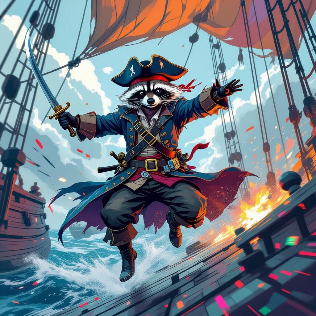 Raccoon Pirate Leaping into Sea Battle in Glitch Art Style