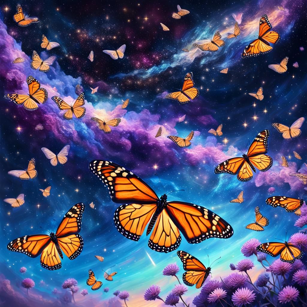 Monarch Butterflies Soaring in Space as Expressionist Painti...