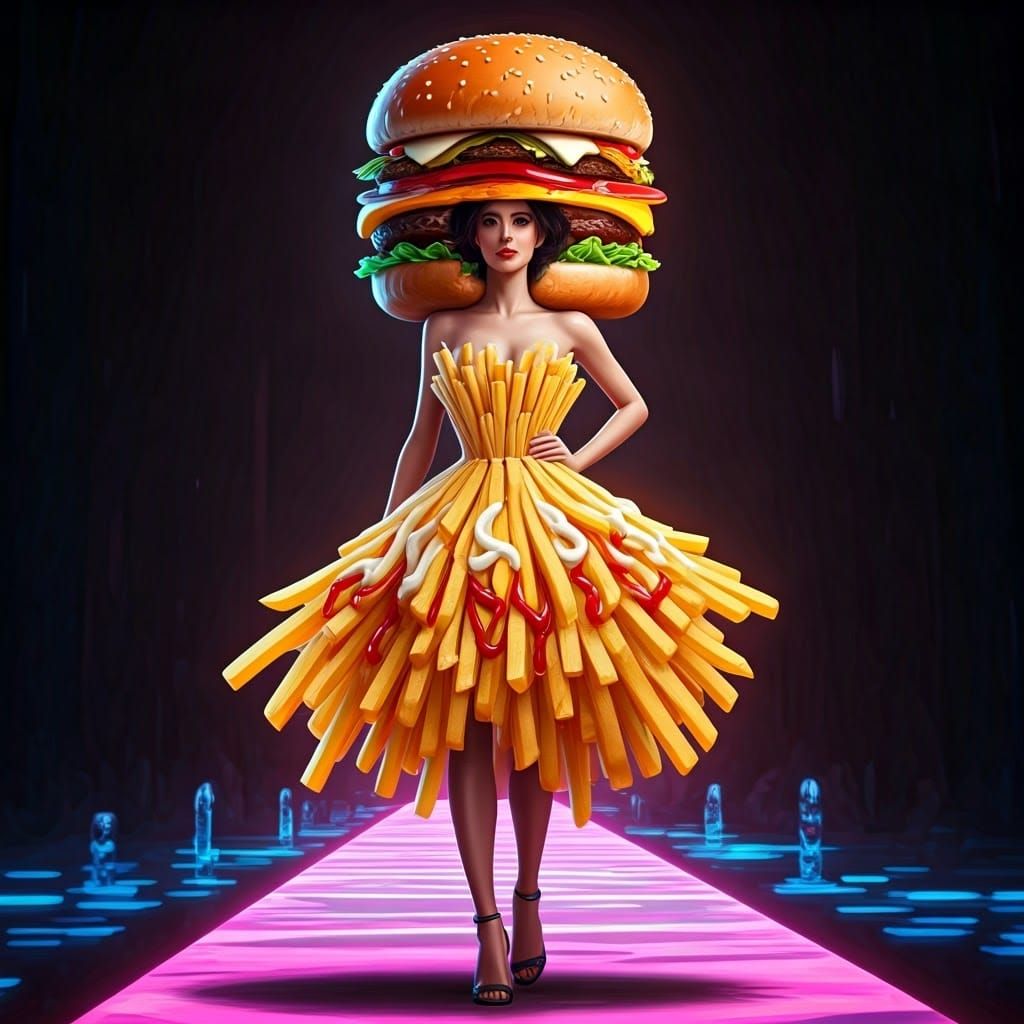 Woman in French-Fry Dress on Neon Catwalk