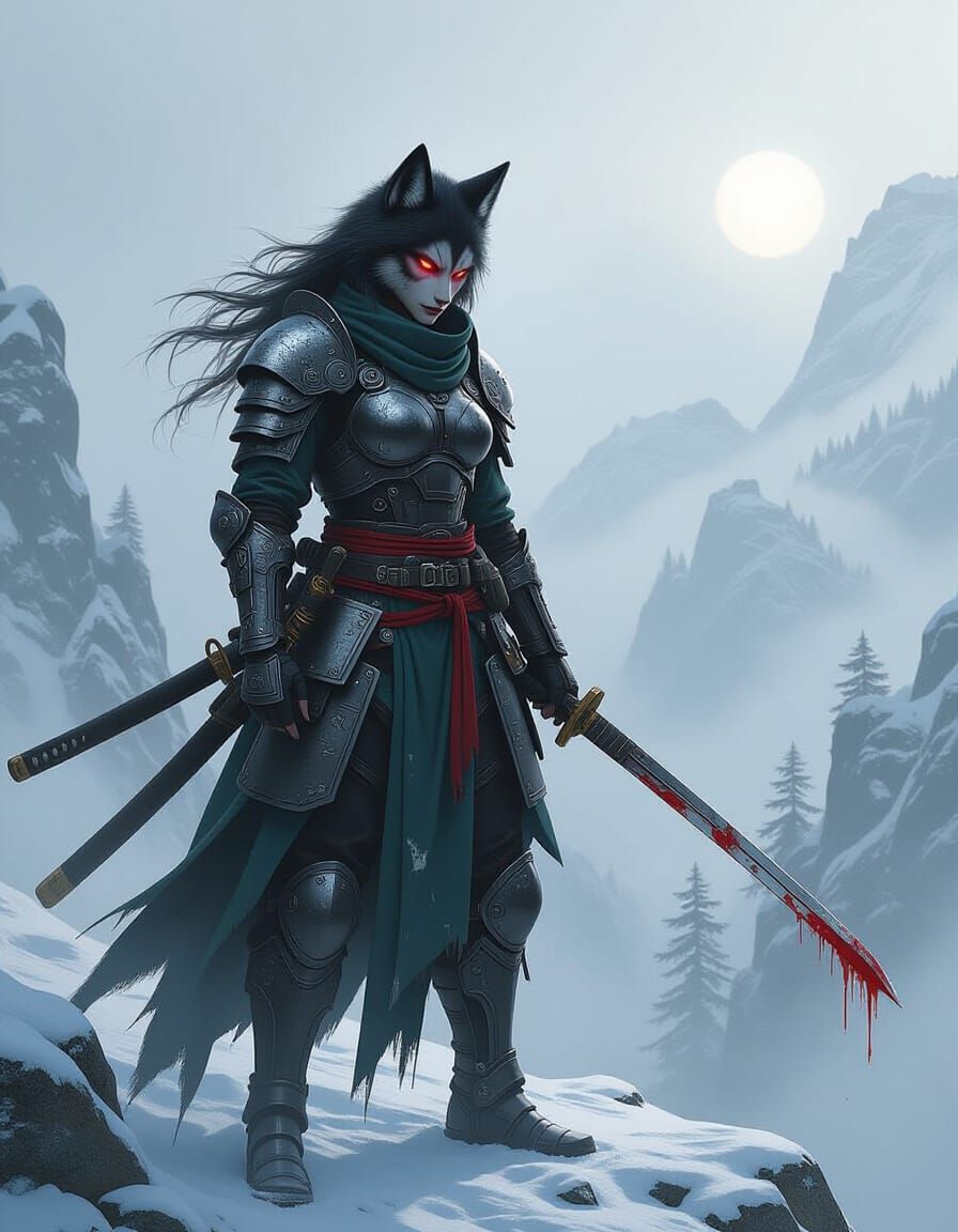 Wolf-Woman Warrior on Snowy Peak: Digital Painting