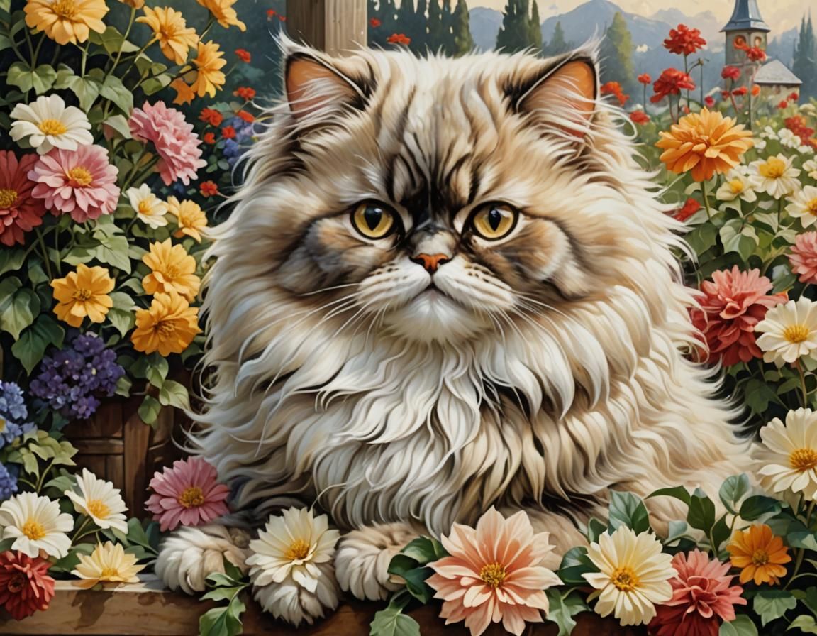 Persian Cat in Farm Scene, Oil Painting Realism