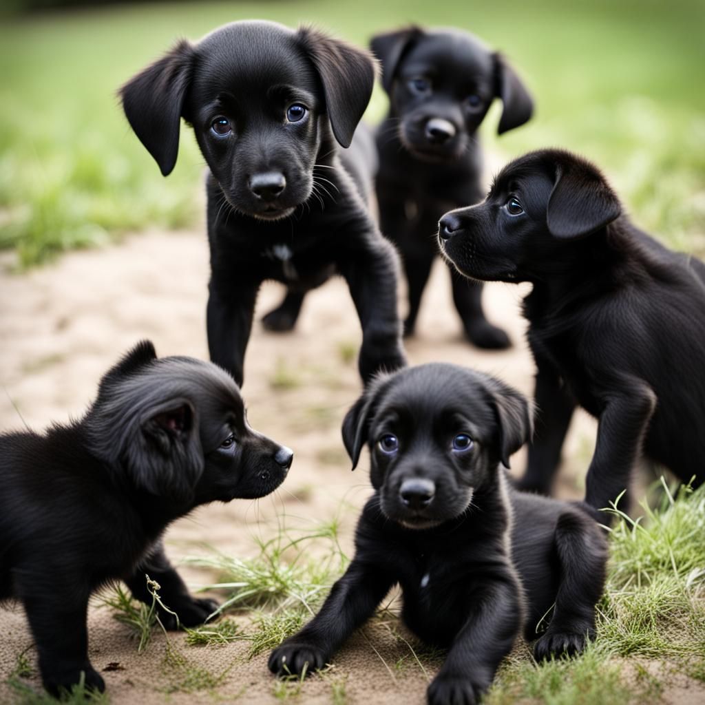 Cute Black Puppy Playing with Siblings