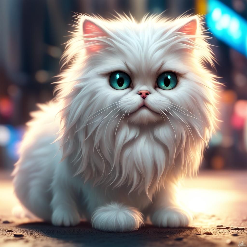 Chibi Persian Cat in Neon City, Digital Art