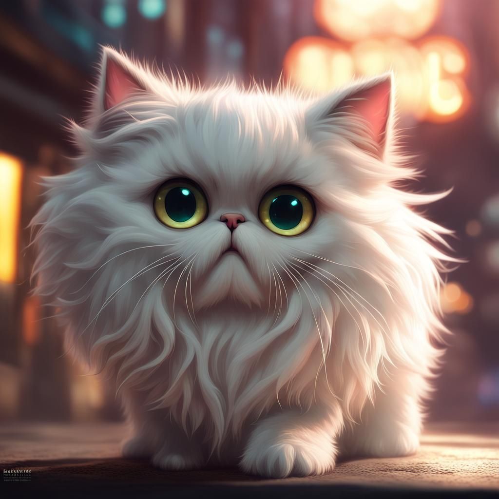 Adorable Chibi Furry Persian Cat in Neon City