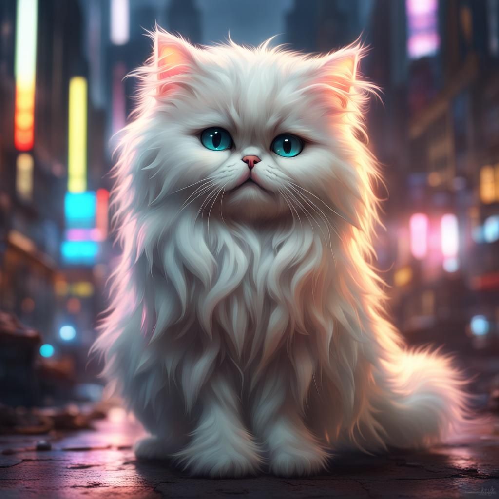 Chibi Persian Cat in Neon City, Digital Art