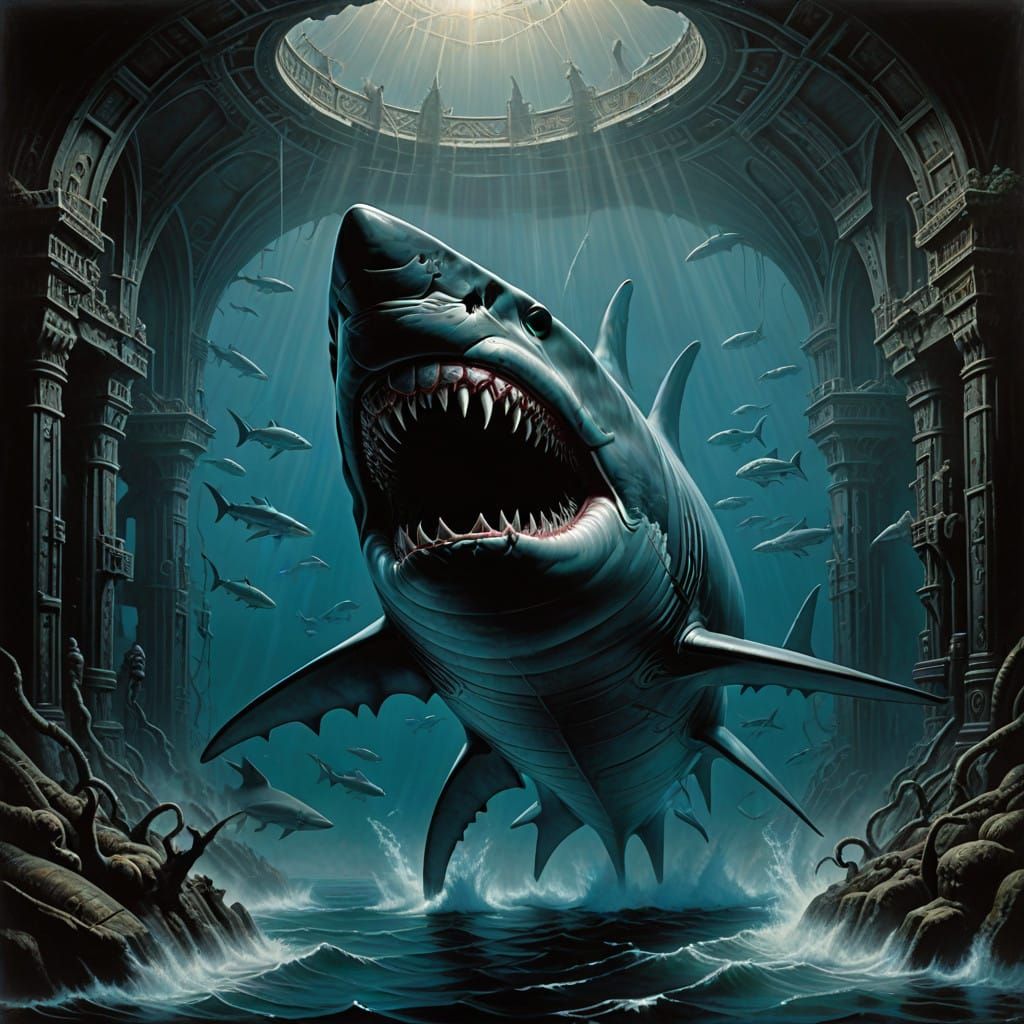 Giant Megalodon Shark in Luminous Ocean Depths