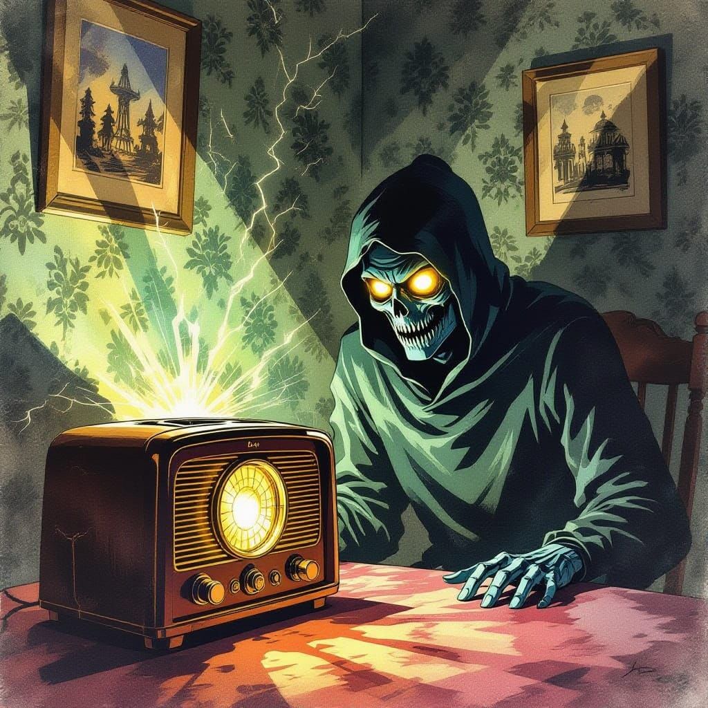 Spectral Figure Erupts from Vintage Radio in Haunting Golden...