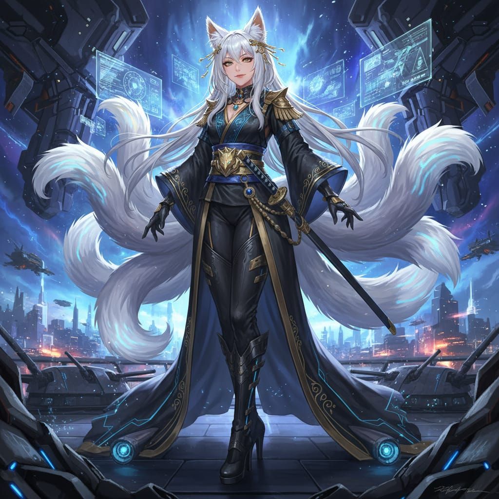 Anime Kitsune Admiral in Black Battle Kimono