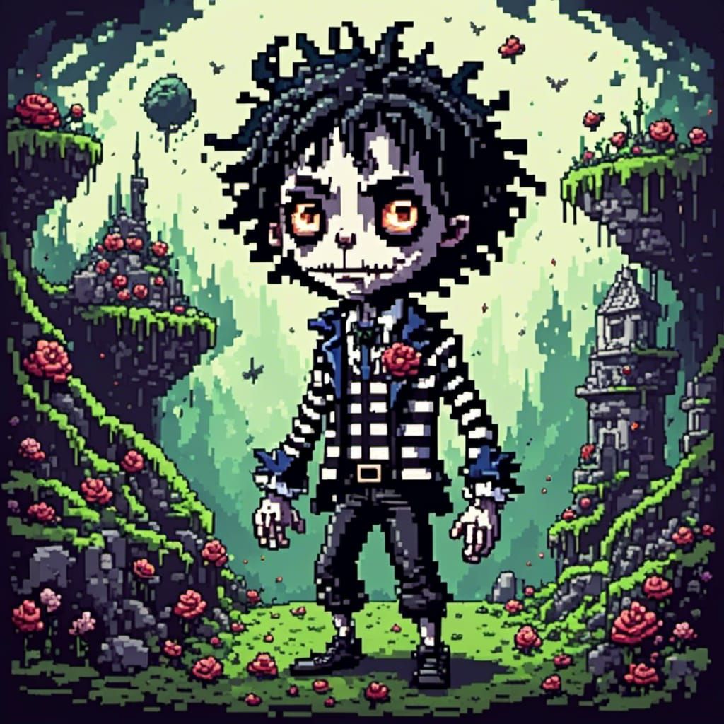 <lora:HD 2D Pixel Art:1.0> beetlejuice, style of Jhonen Vasq...