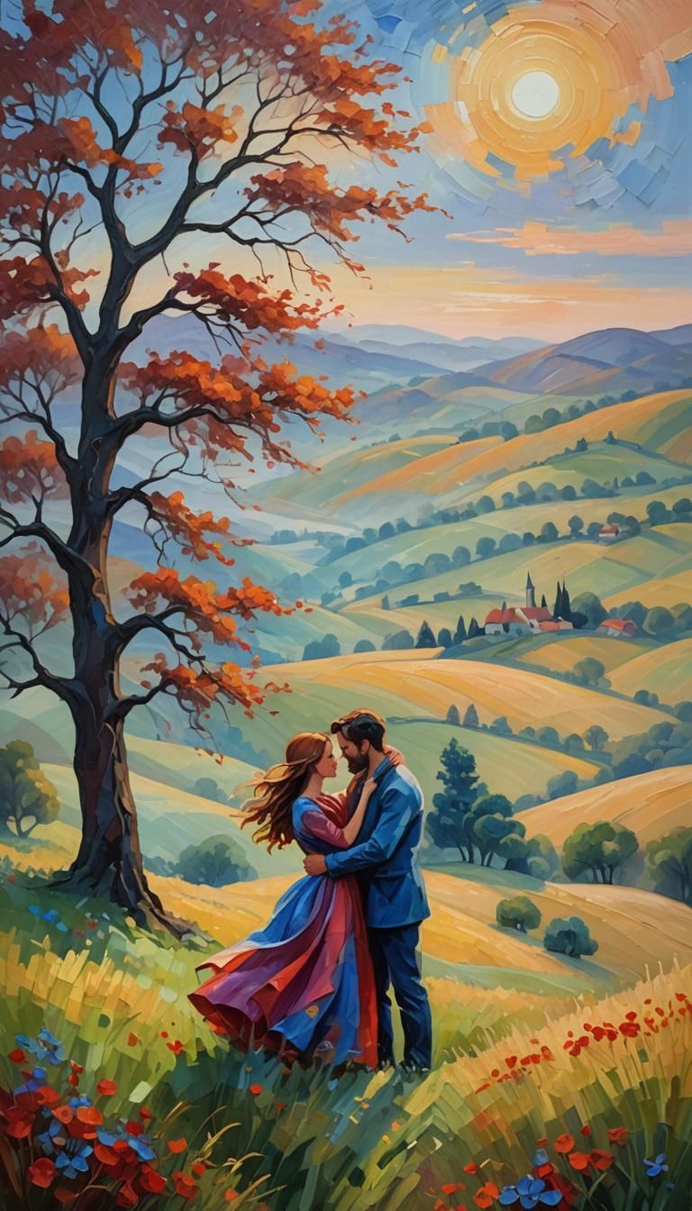 Couple Embrace in Dreamy Neo-Impressionist Landscape