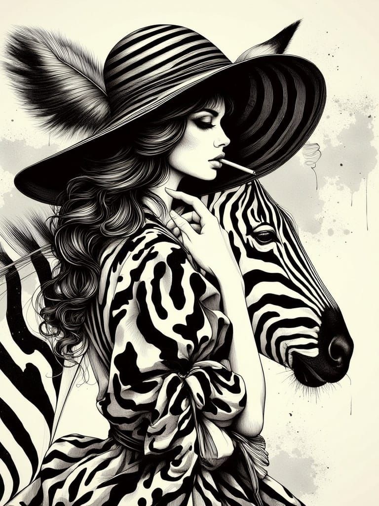 Stunning Art Deco Woman in Striped Hat and Zebra Motif